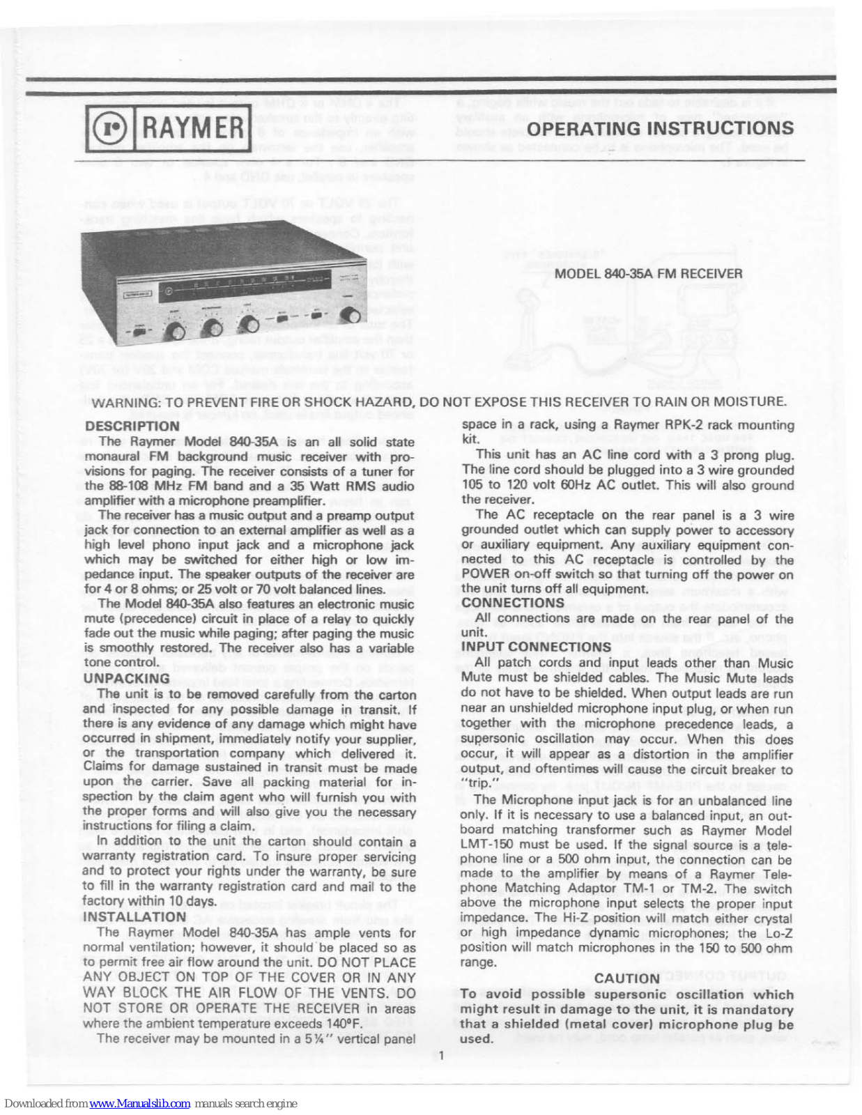 Raymer FM Receiver 840-35A Operating Instructions Manual