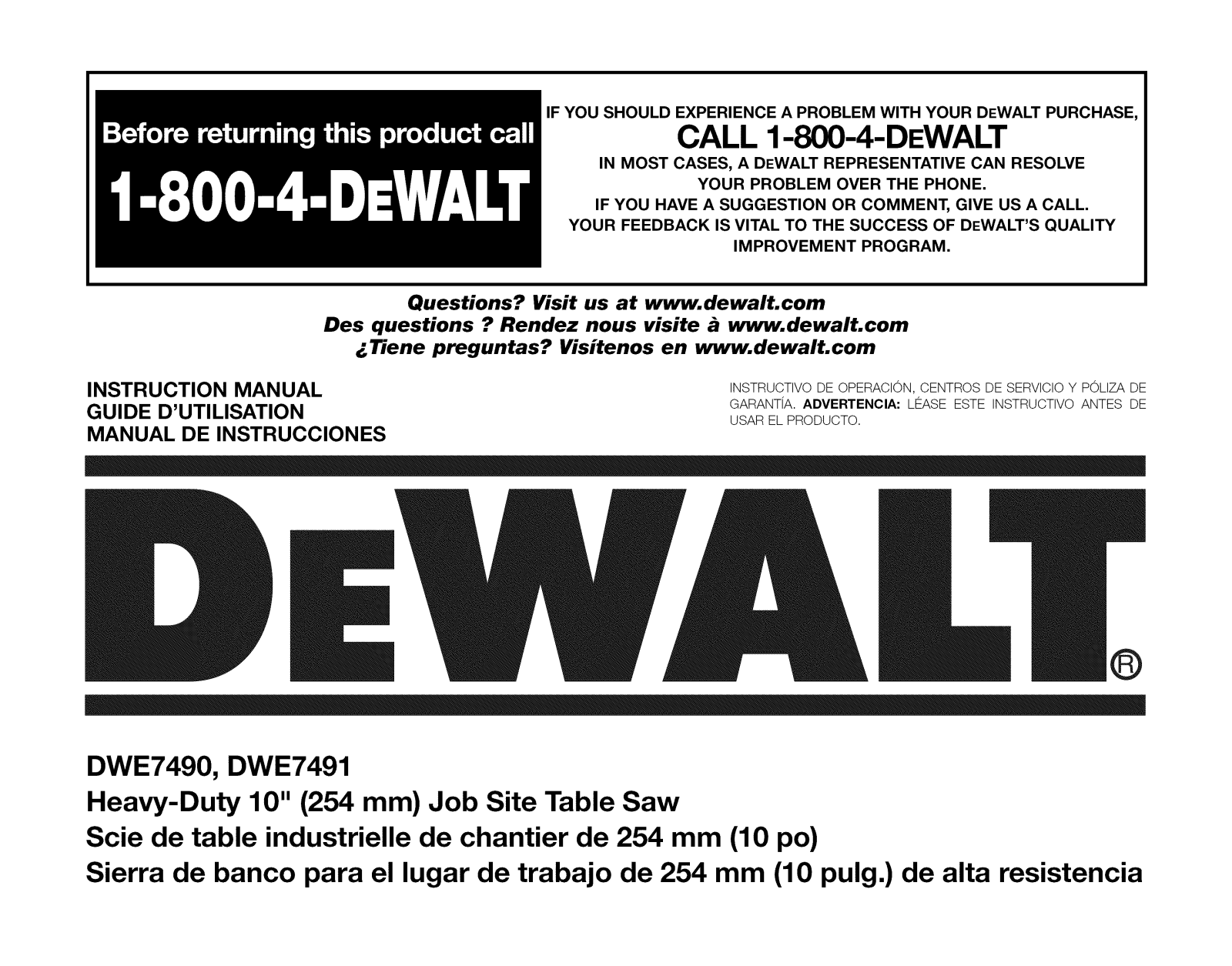 DeWalt DWE7490X TYPE 1, DWE7490X TYPE 2, DWE7491RS TYPE 1 Owner’s Manual