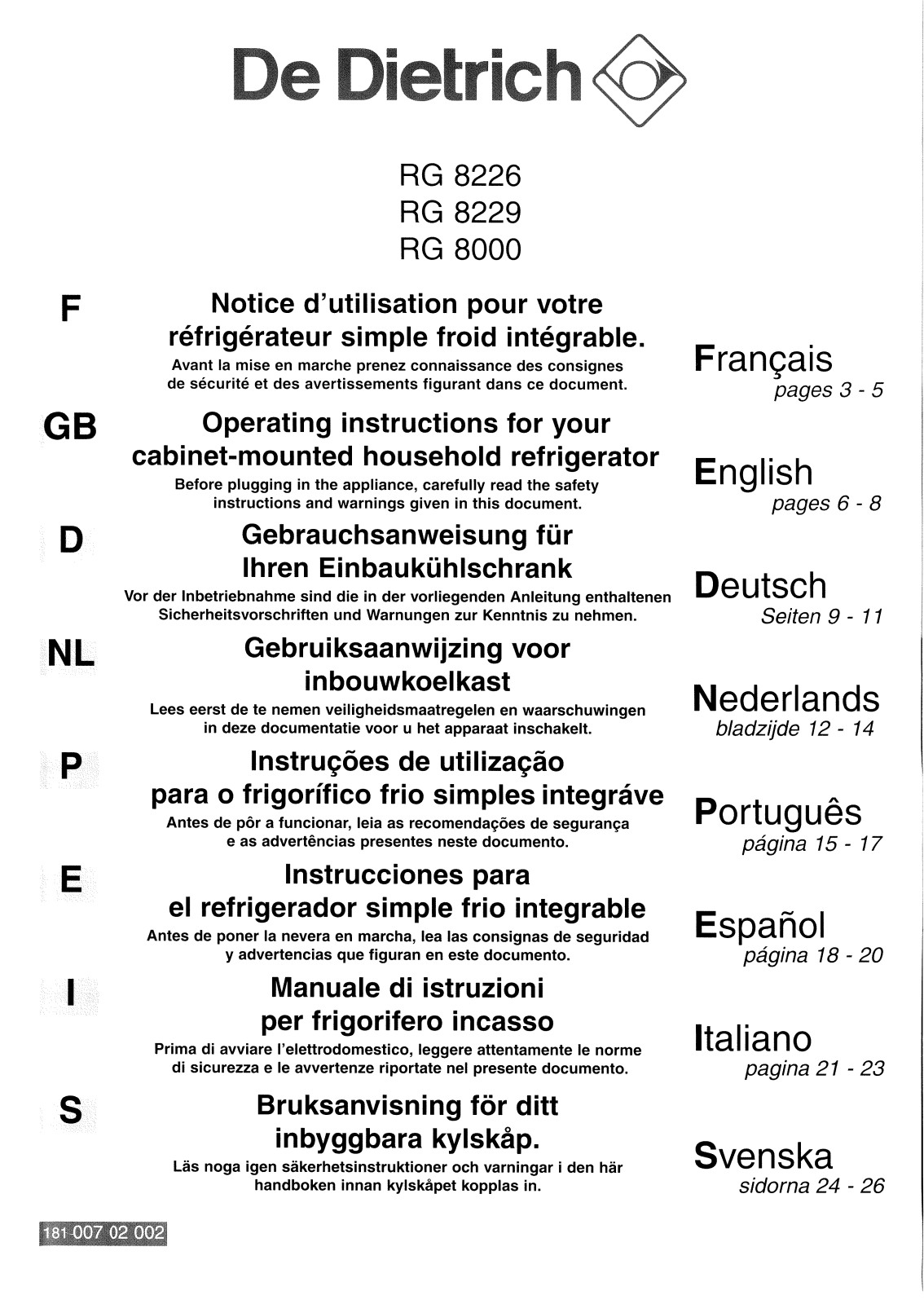 De dietrich RG8000, RG8229 User Manual