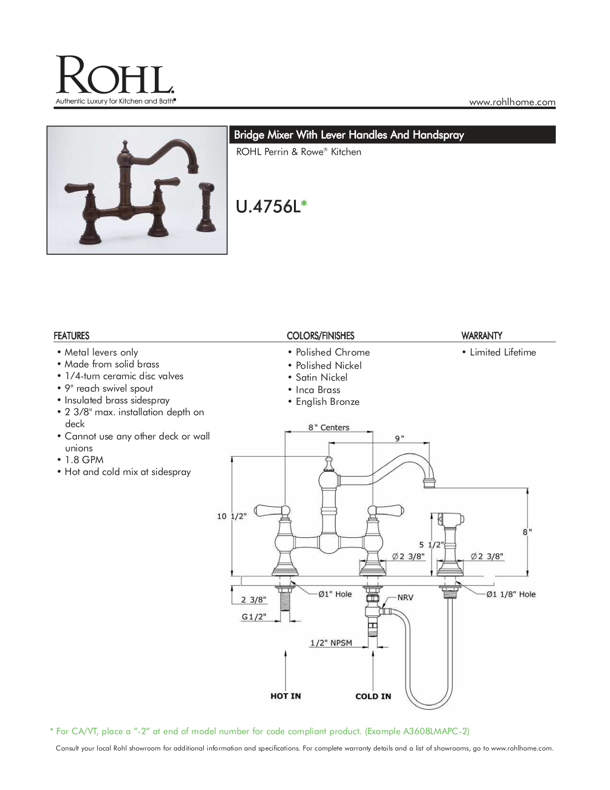 Rohl U4756LSEG2 Specifications