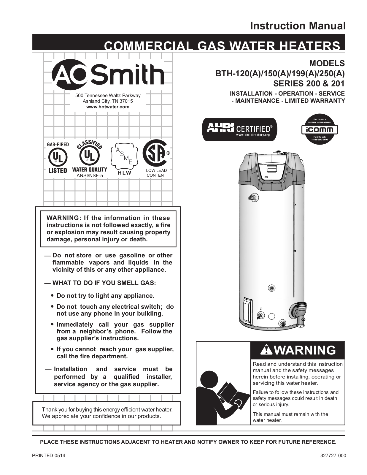 A.O. Smith BTH-120A, BTH-150A, BTH-199A, BTH-250A, BTH-300A Installation Manual
