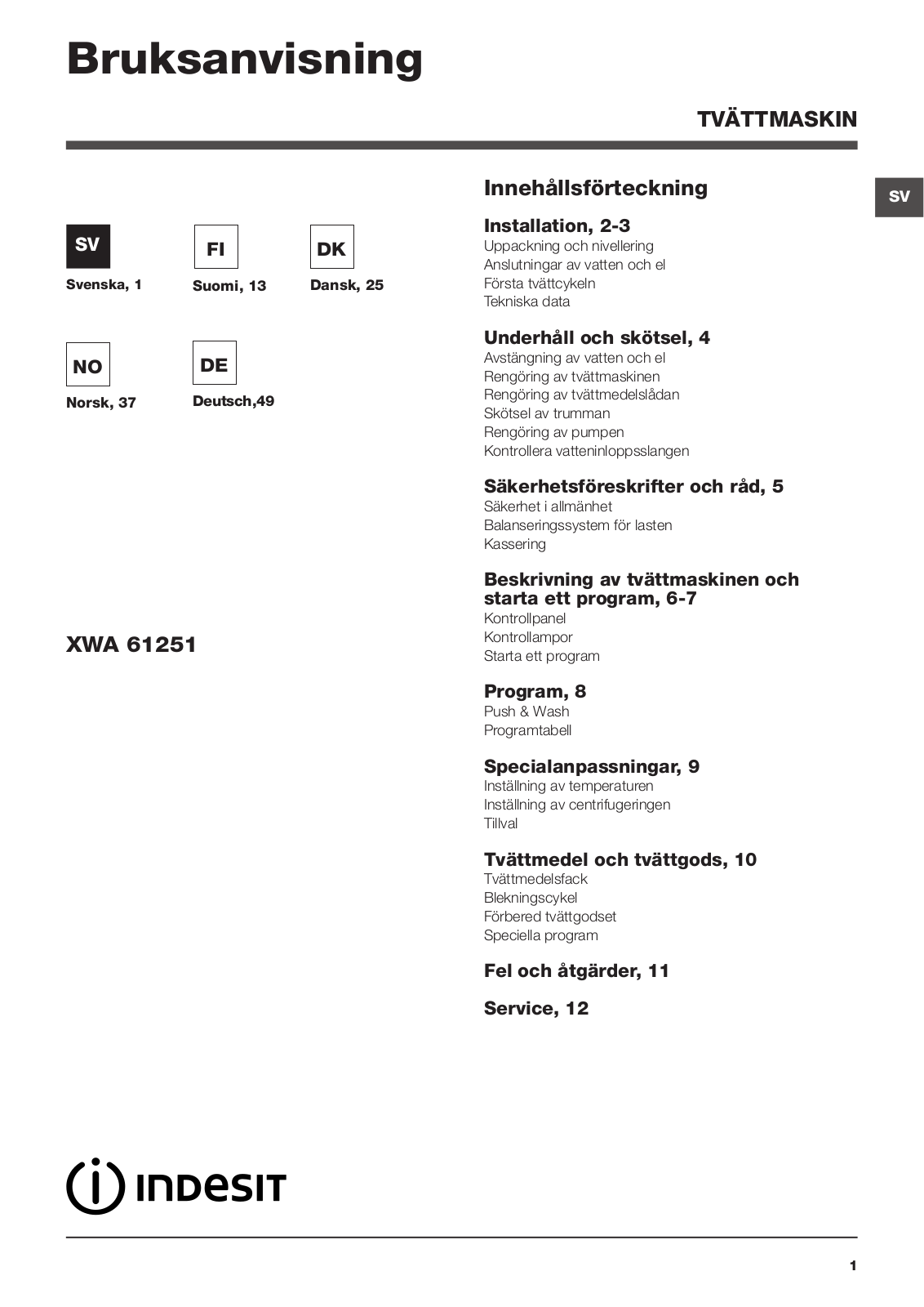 Indesit XWA 61251 W operation manual