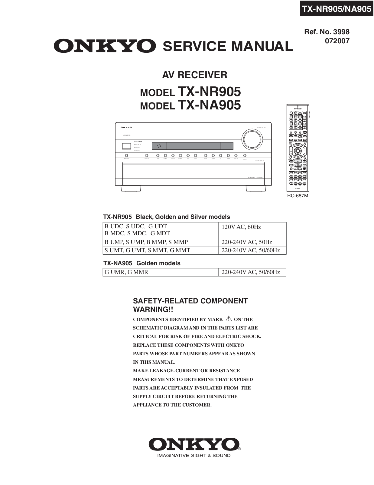 Onkyo TX-NA905, TX-NR905 Service manual