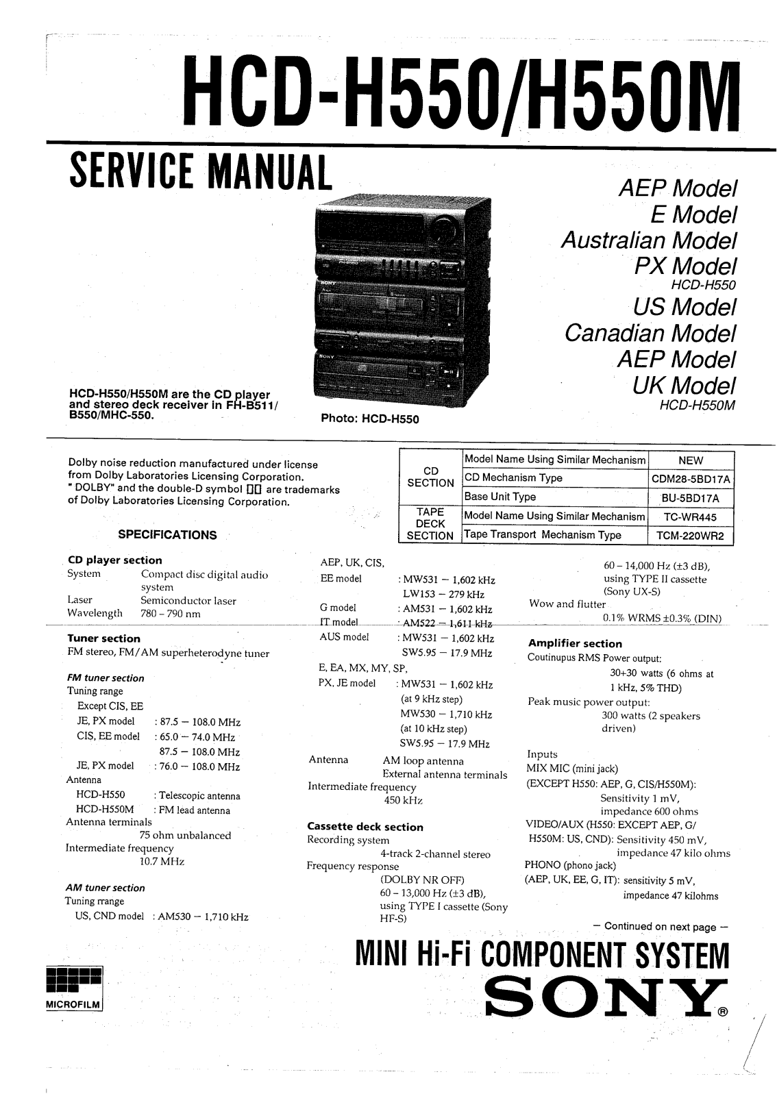 Sony HCDH-550, HCDH-550-M Service manual