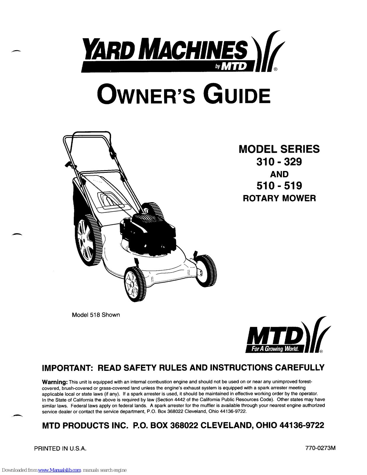 Yard Machines 310, 329, 510, 519, 320 Owner's Manual