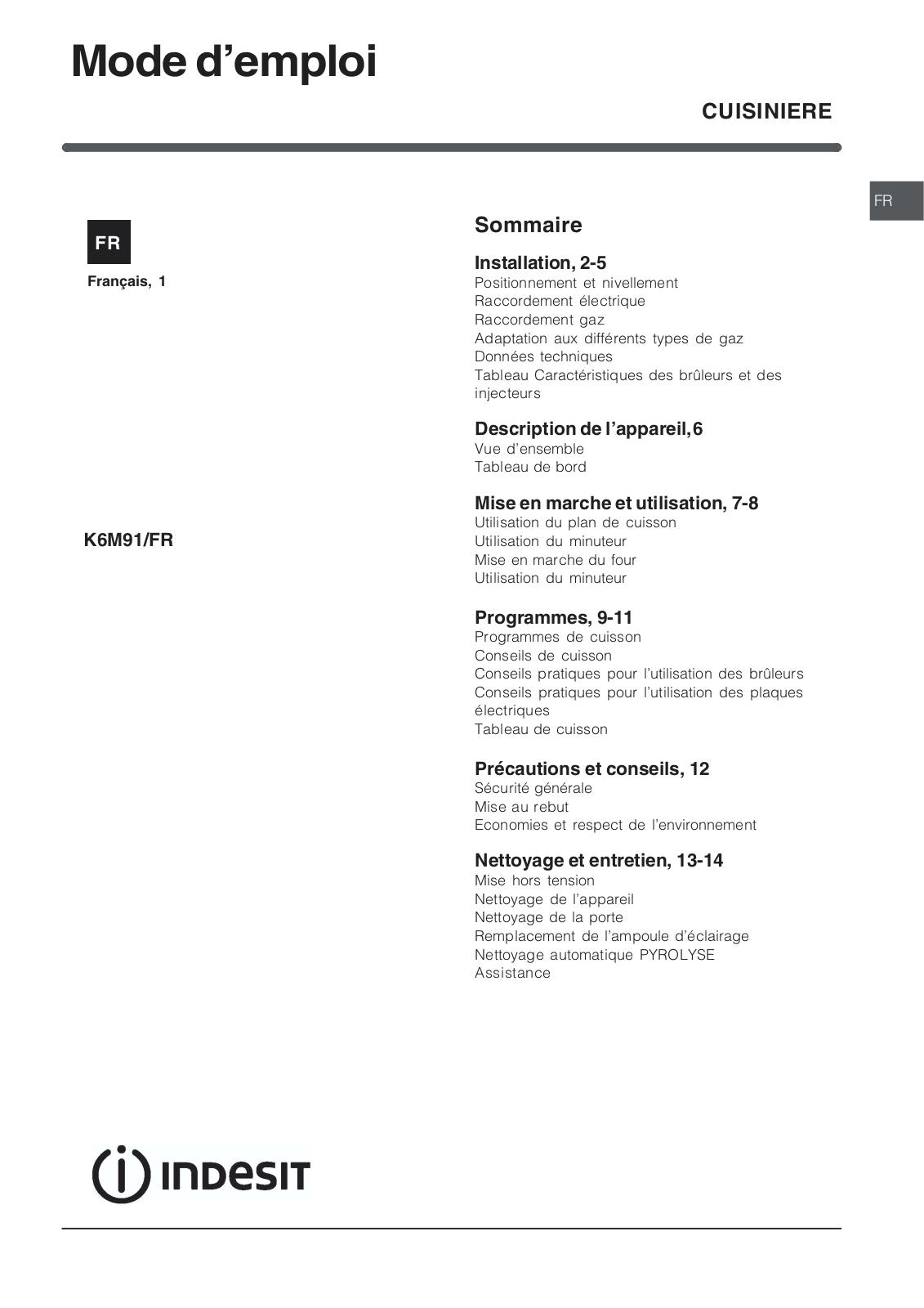 INDESIT K6M91R User Manual