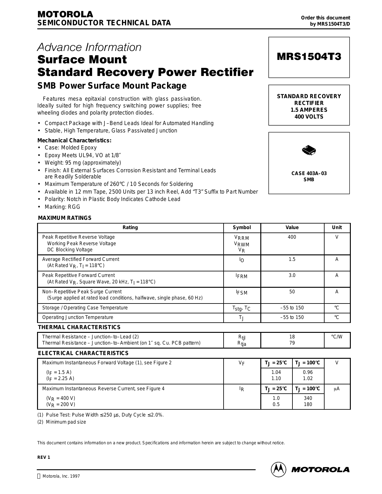 Motorola MRS1504T3 Datasheet