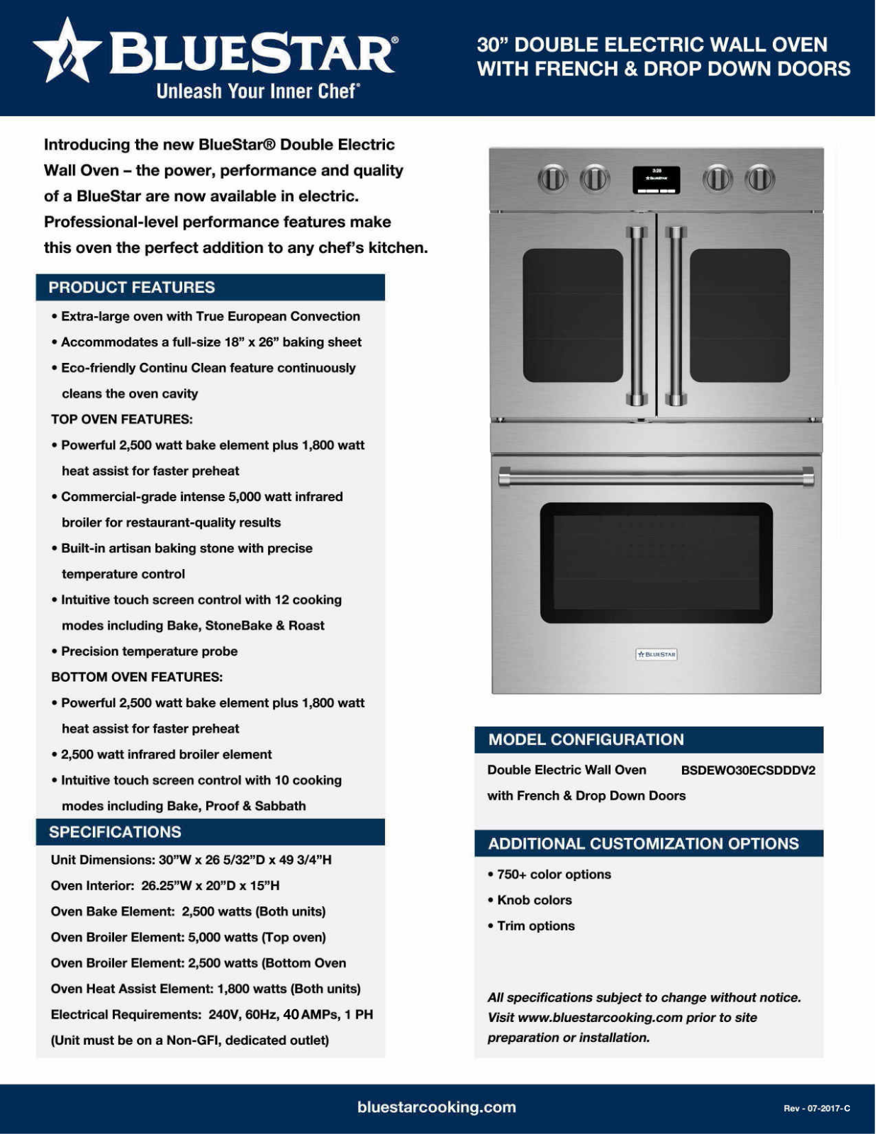 BlueStar BSDEWO30SDV2 Specification Sheet