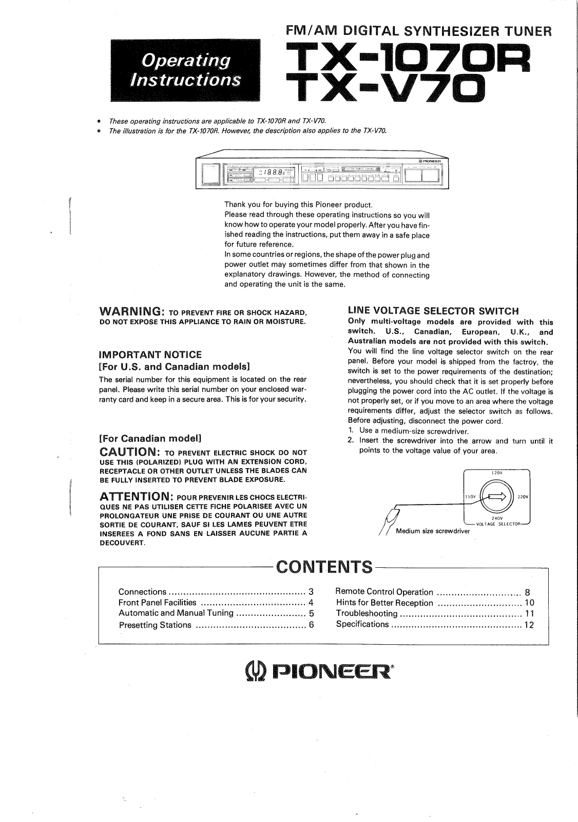Pioneer TX-V70, TX-1070R Owners Manual