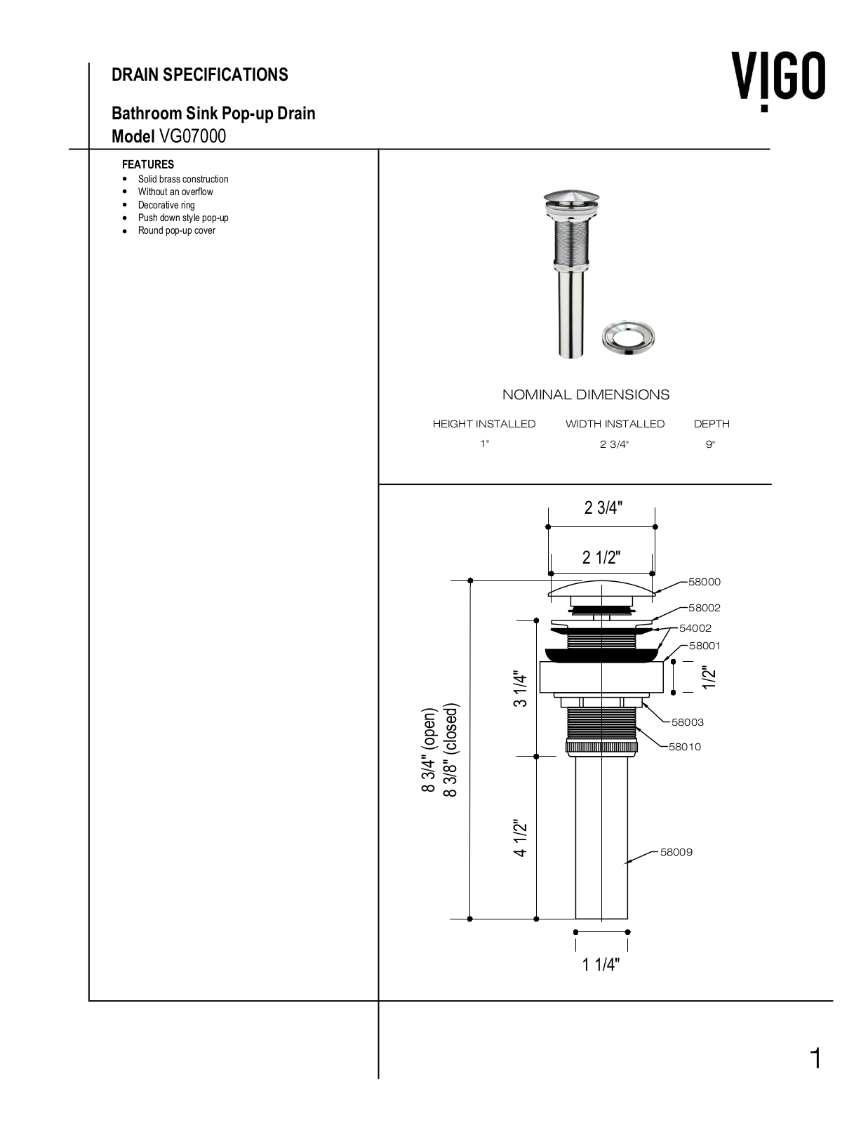 Vigo VG05001BN Specifications