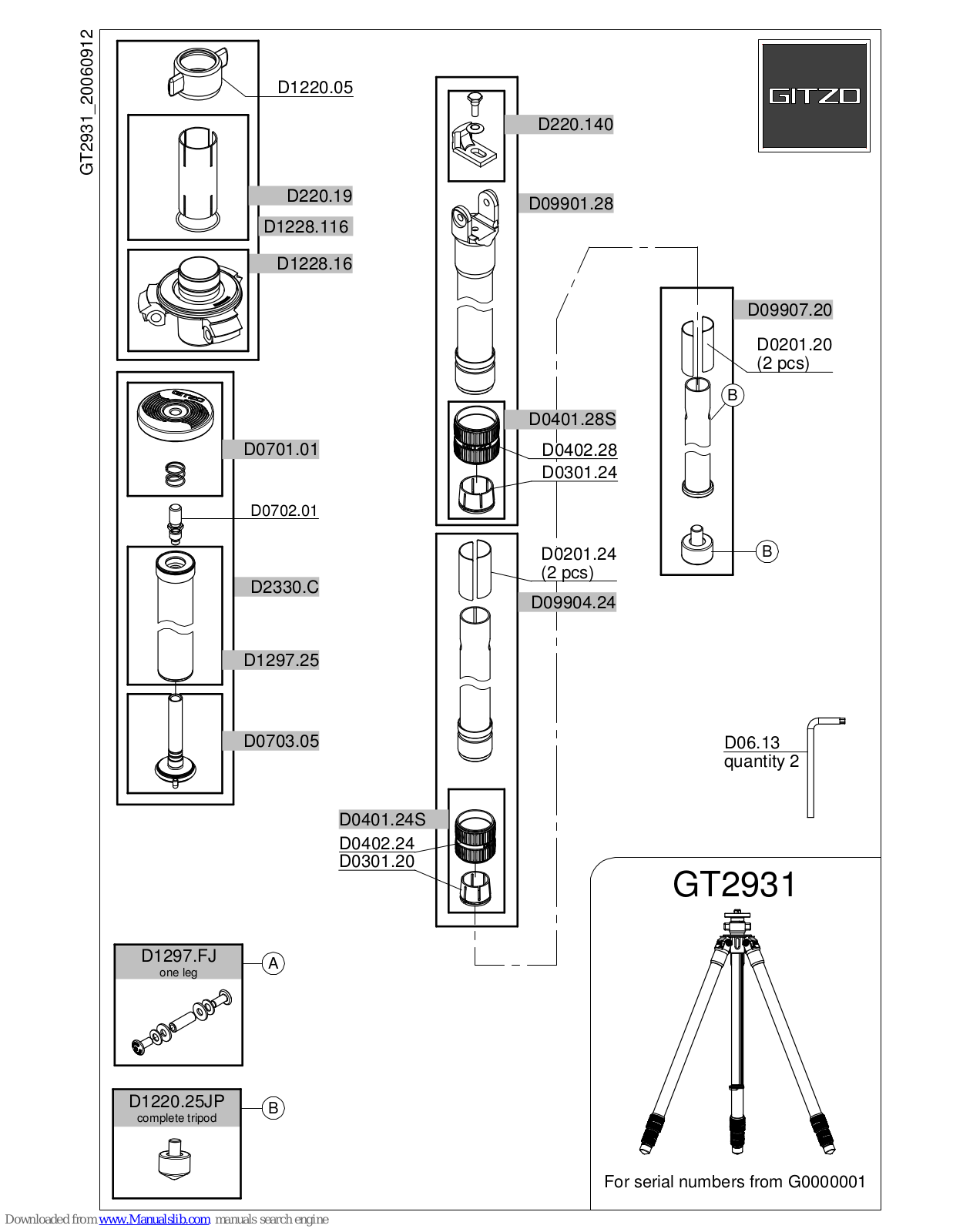 Gitzo Series 2 Basalt GT2931, 2 GT2931 Parts List