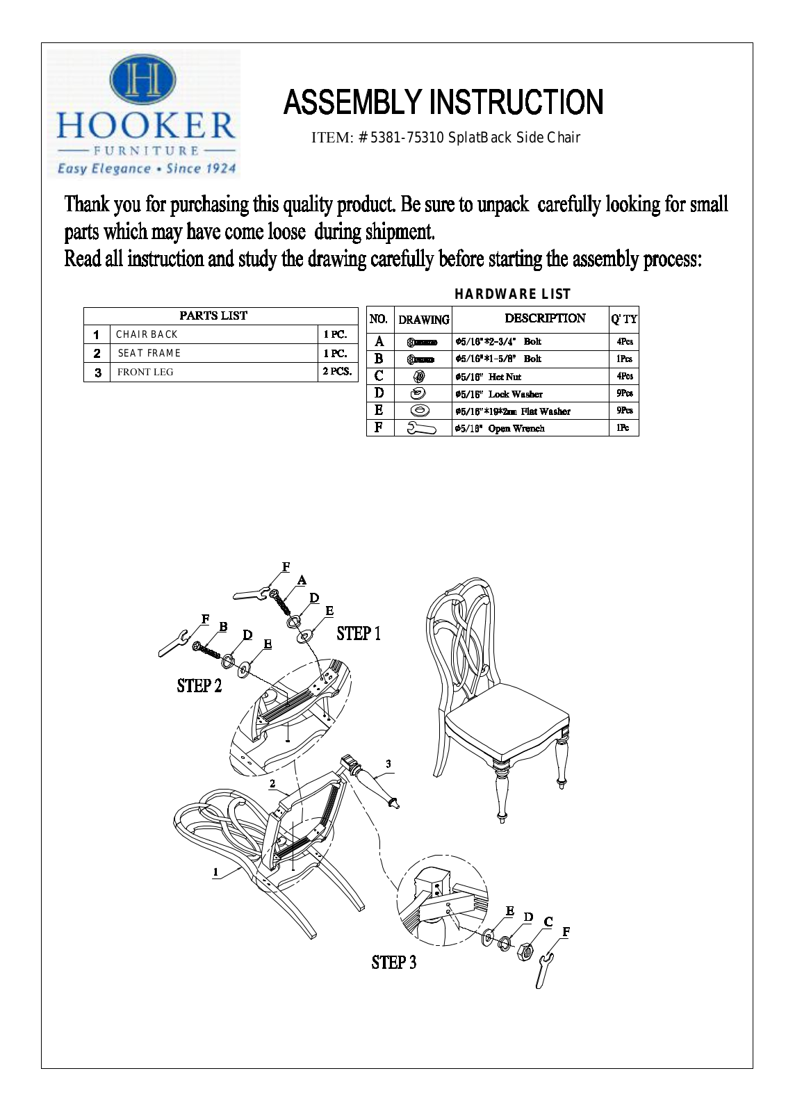 Hooker Furniture 5X8175310 Assembly Guide