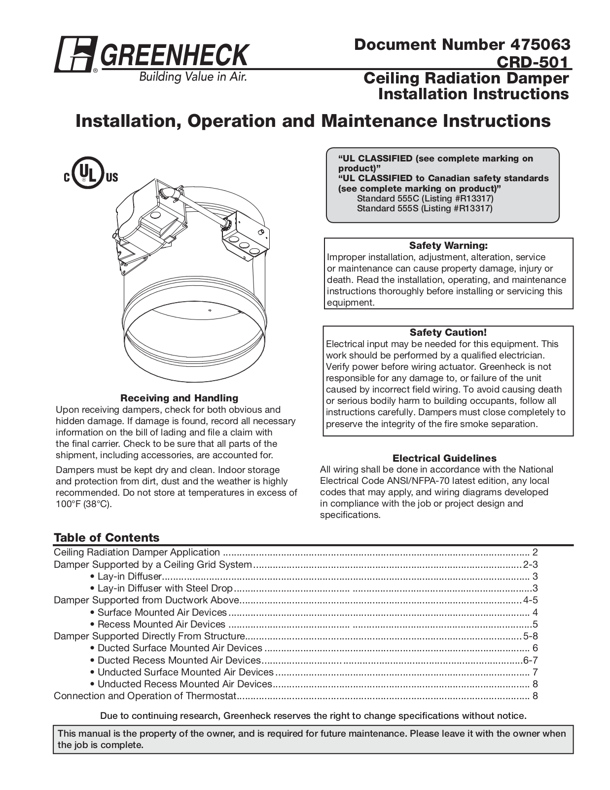 Greenheck CRD-501 Installation  Manual