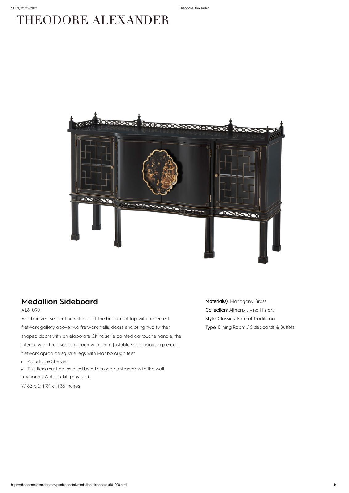 Theodore Alexander FPLJ3443 Specifications