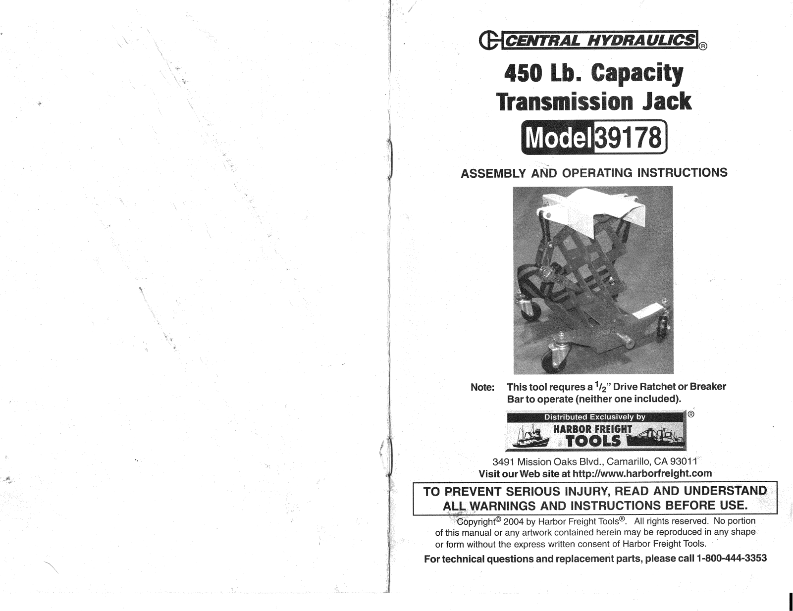 Central Hydraulics 39178 Operating Instructions