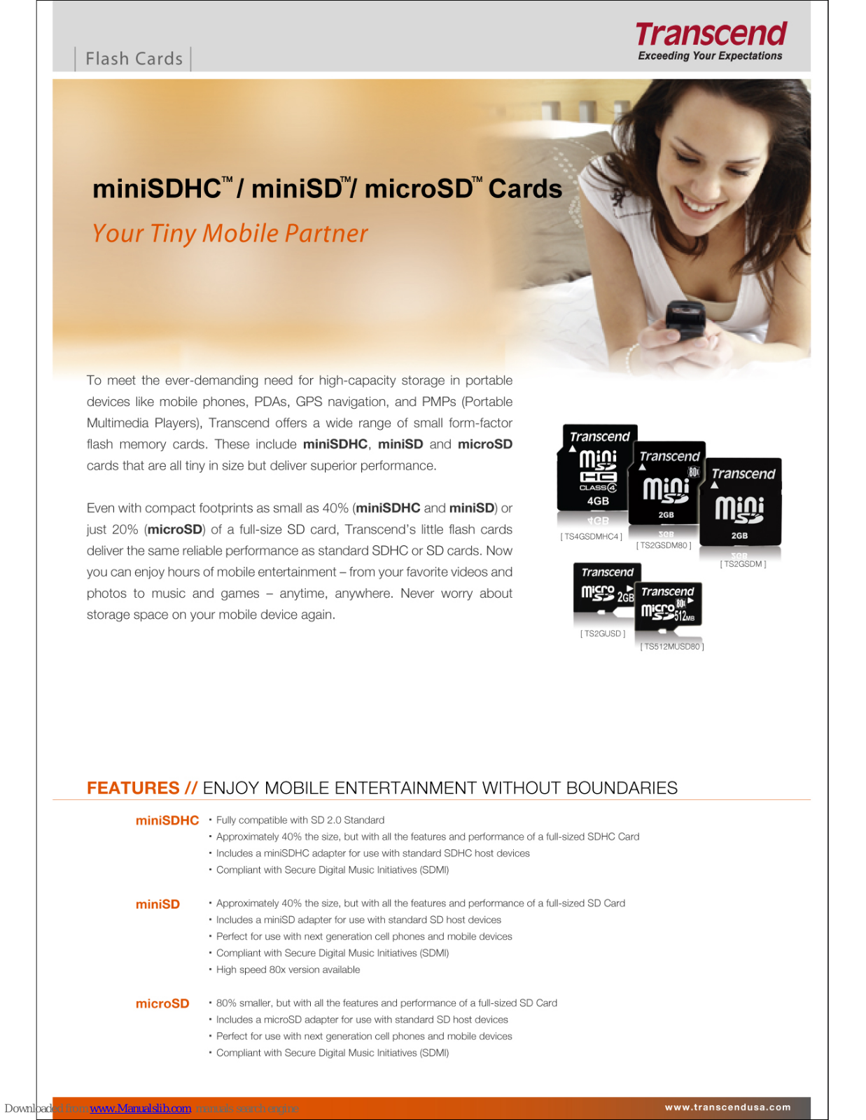 Transcend microSD, miniSD, TS256MUSD80, miniSDHC Specification Sheet