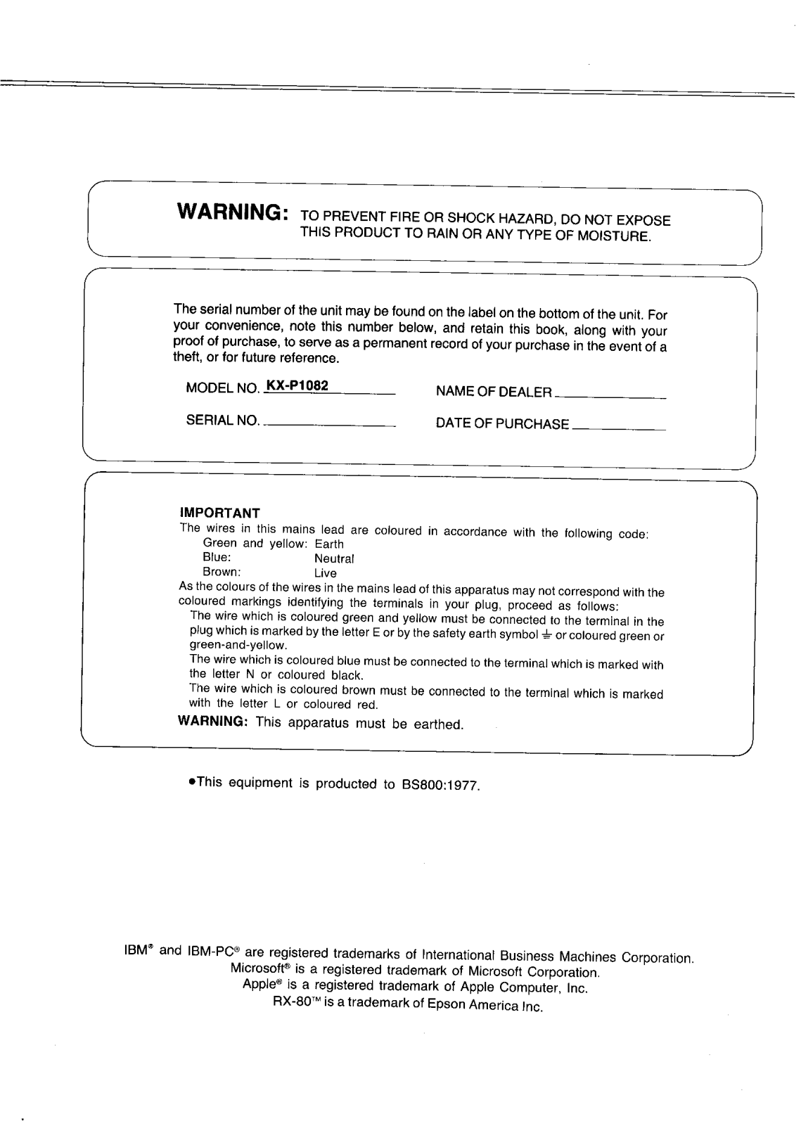 Panasonic KX-P1082 User Manual