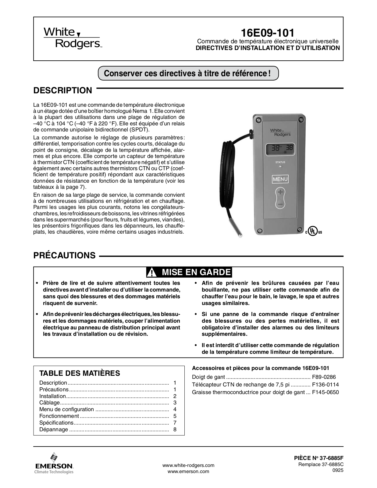 White Rodgers 16E09-101 Installation Instructions