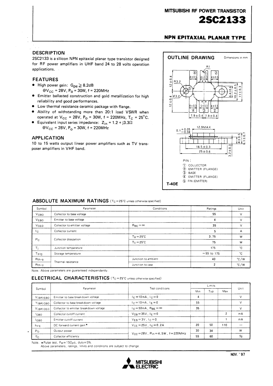 Mitsubishi Electric Corporation Semiconductor Group 2SC2133 Datasheet