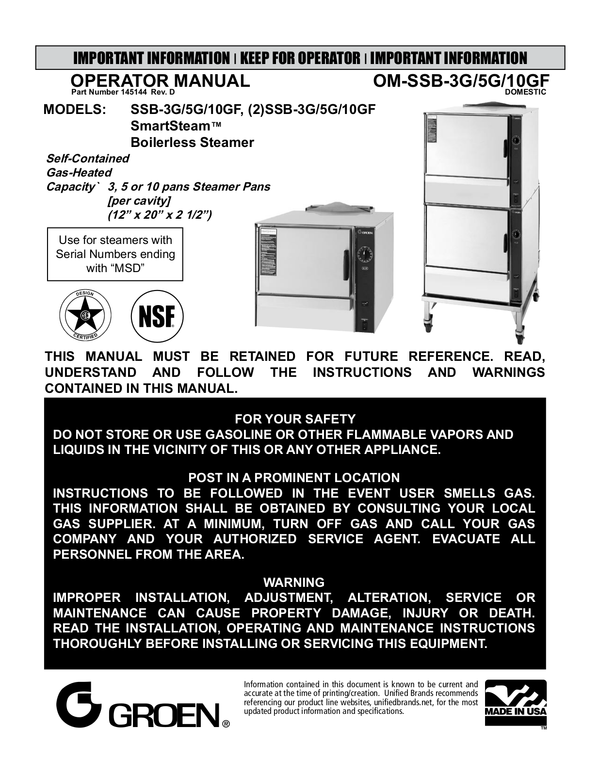 Groen SSB-3G, SSB-5G, SSB-10GF, (2)SSB-3G, (2)SSB-5G Operation Manual