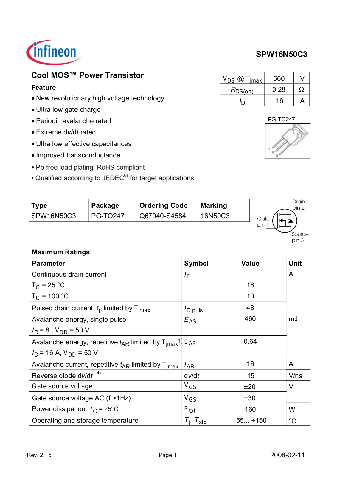 INFINEON SPW16N50C3 User Manual