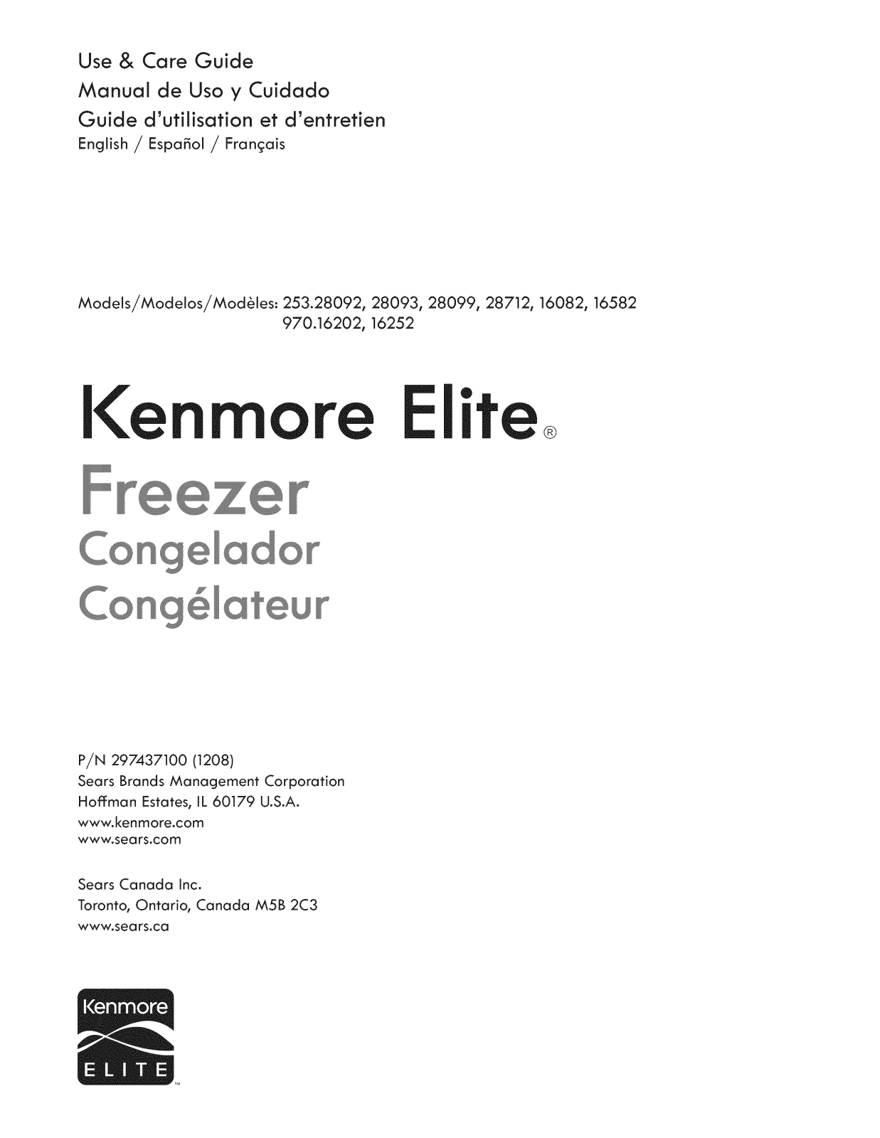 Kenmore Elite 25316082109, 25316582105, 253280928010, 253280928011, 25328092806 Owner’s Manual