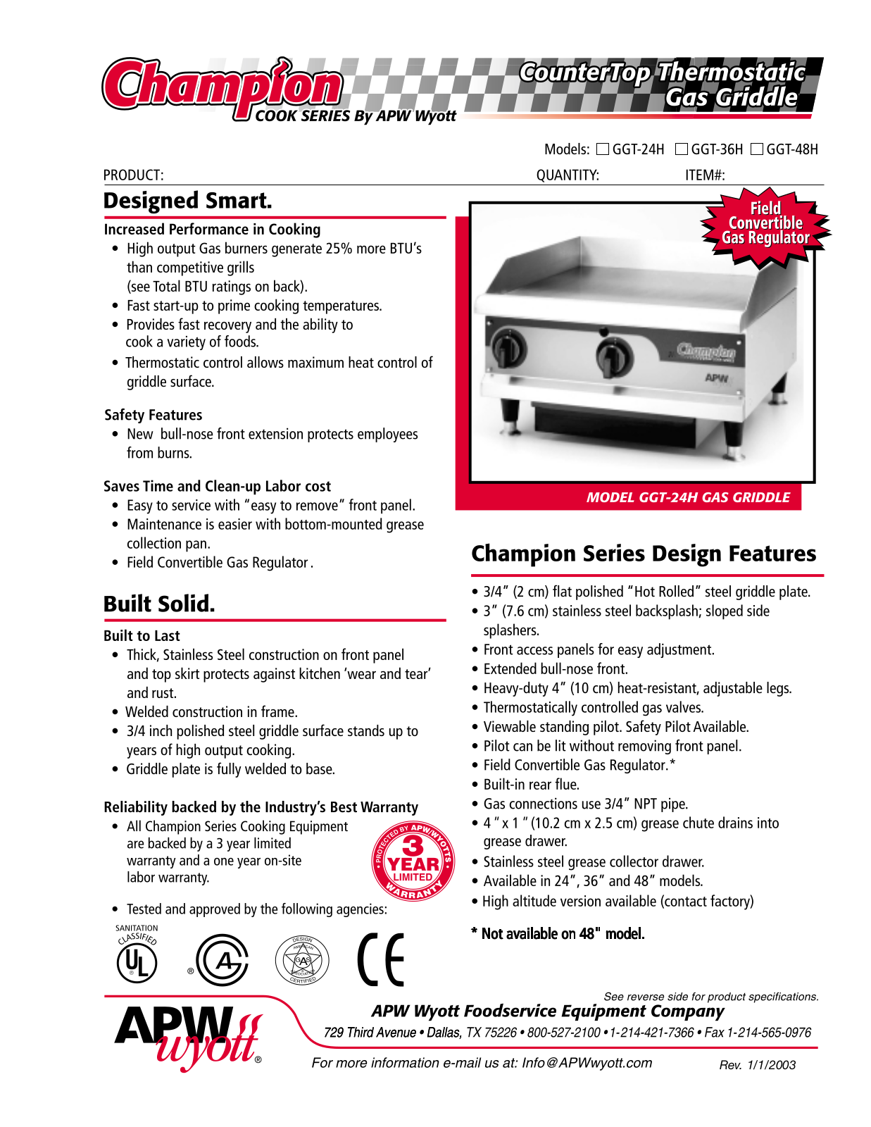 APW Wyott GGT-24H, GGT-36H, GGT-48H General Manual