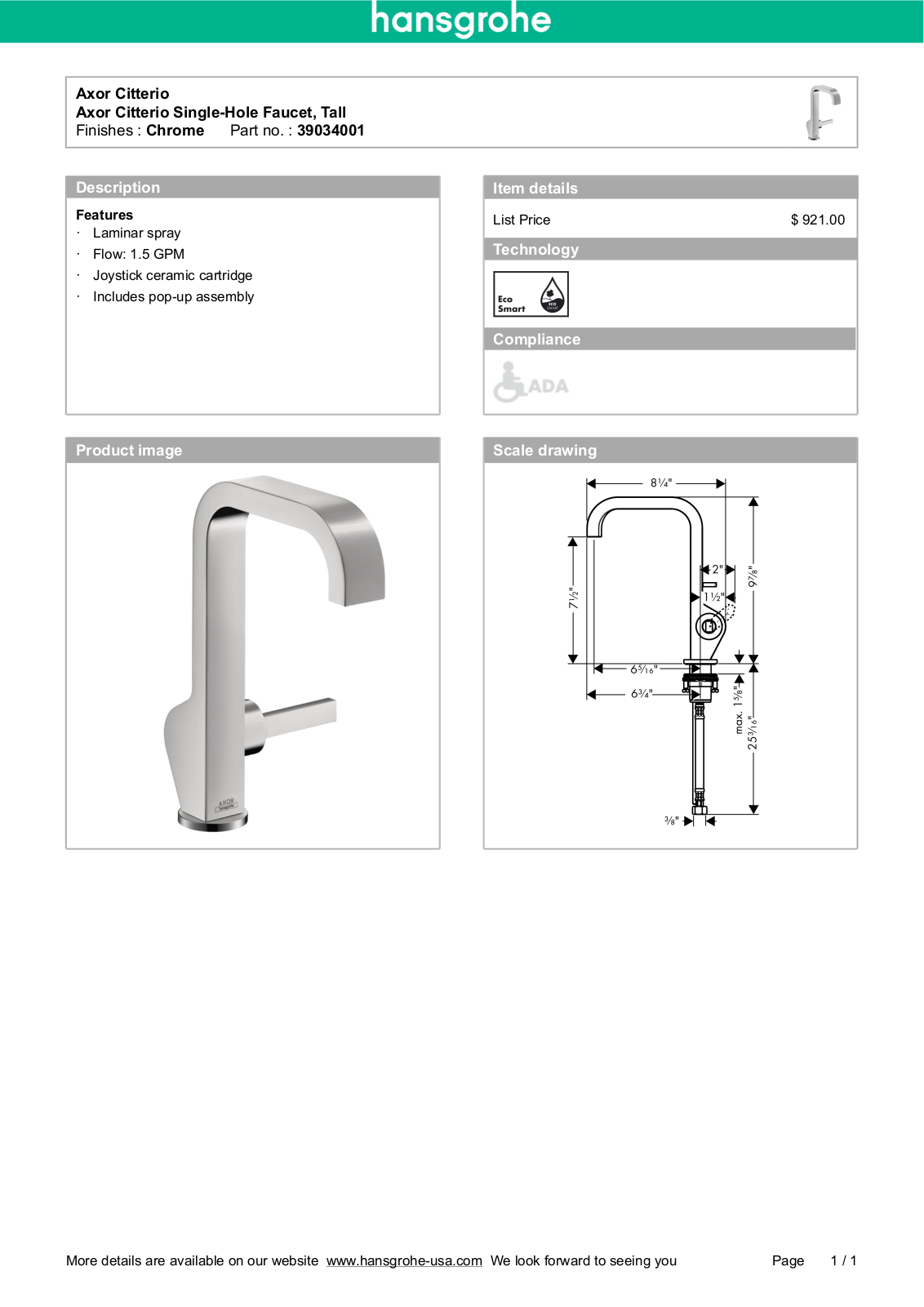 Hansgrohe 39034001 Specs