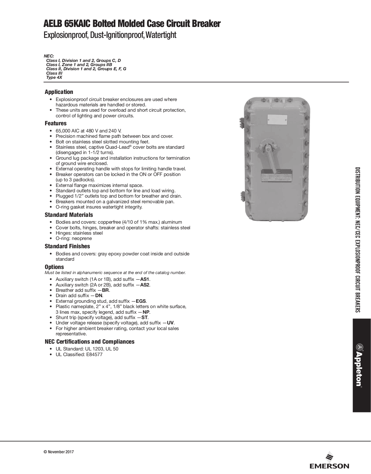 Appleton AELB 65KAIC Bolted Molded Case Circuit Breaker Catalog Page