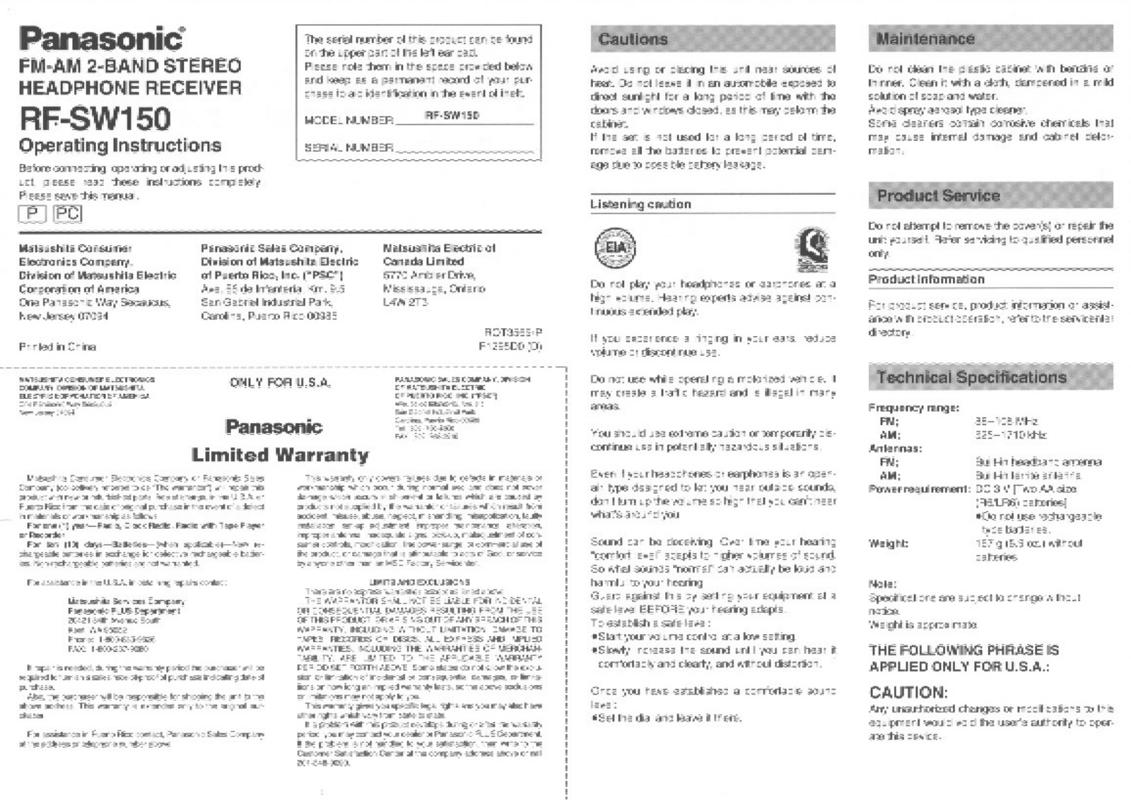 Panasonic RF-SW150 User Manual