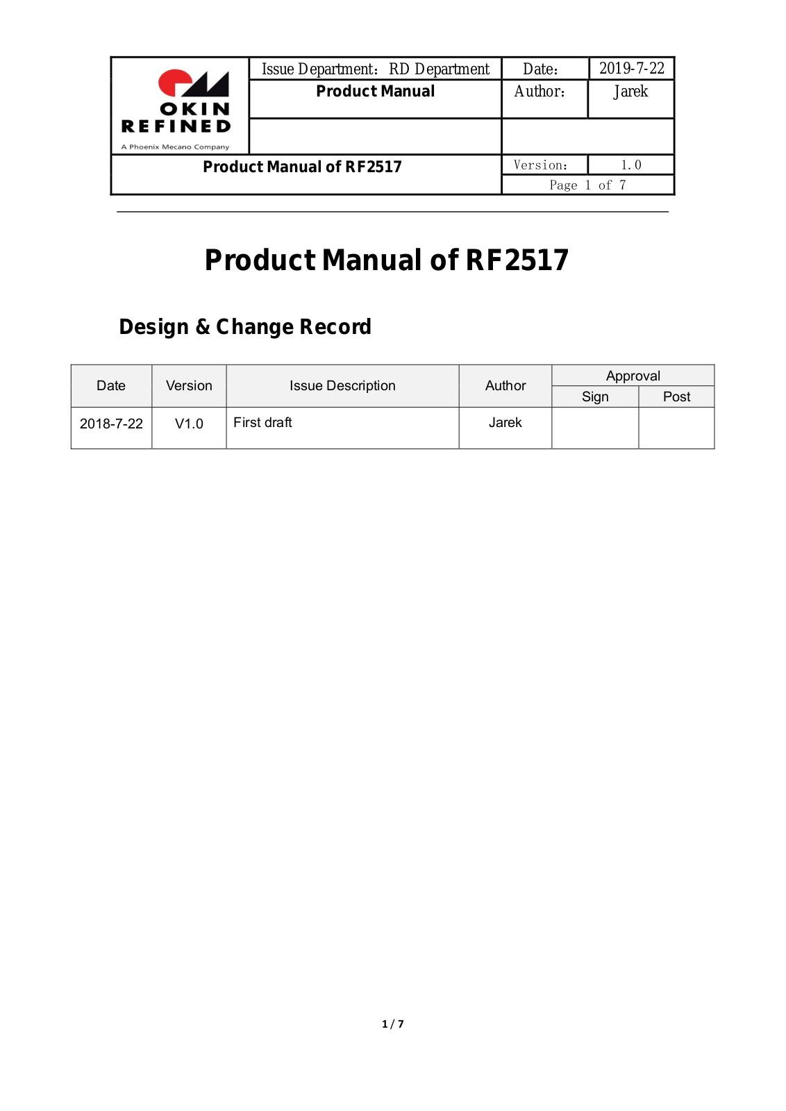 OKIN Refined Electric Technology RF2517 Users manual