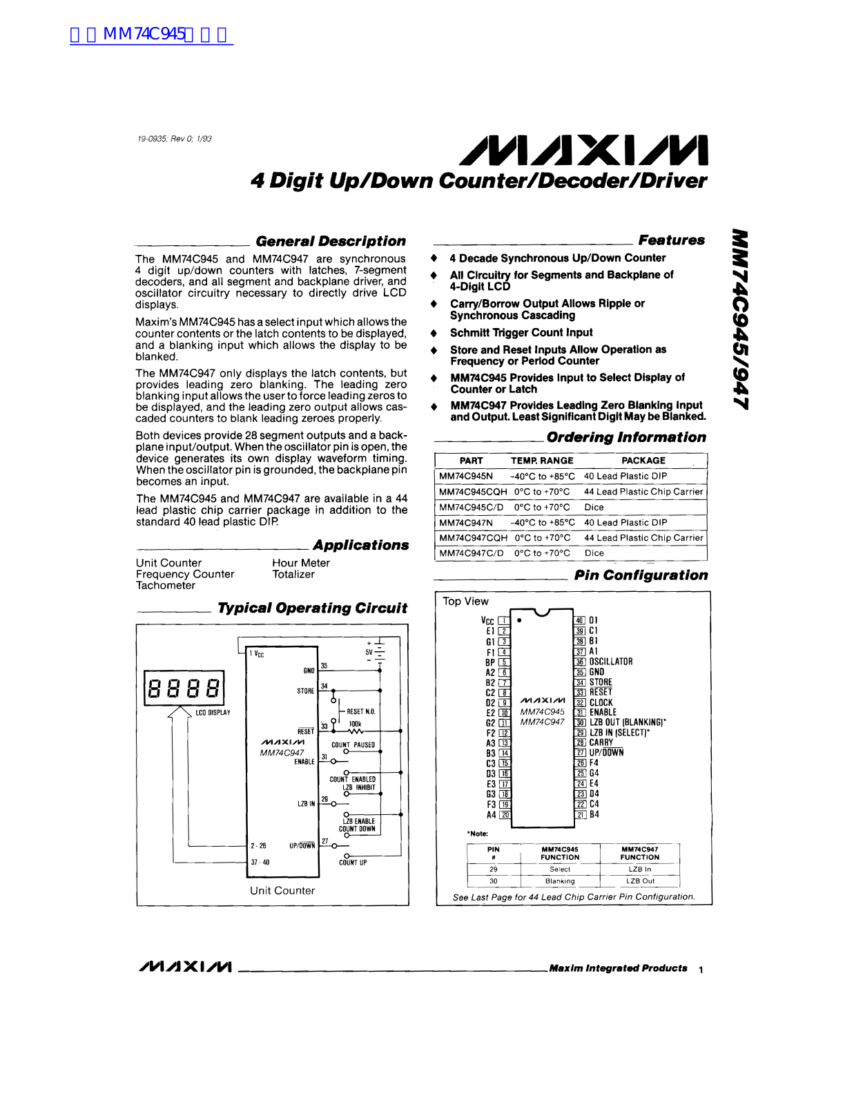 MAXIM MM74C945, MM74C947 Technical data