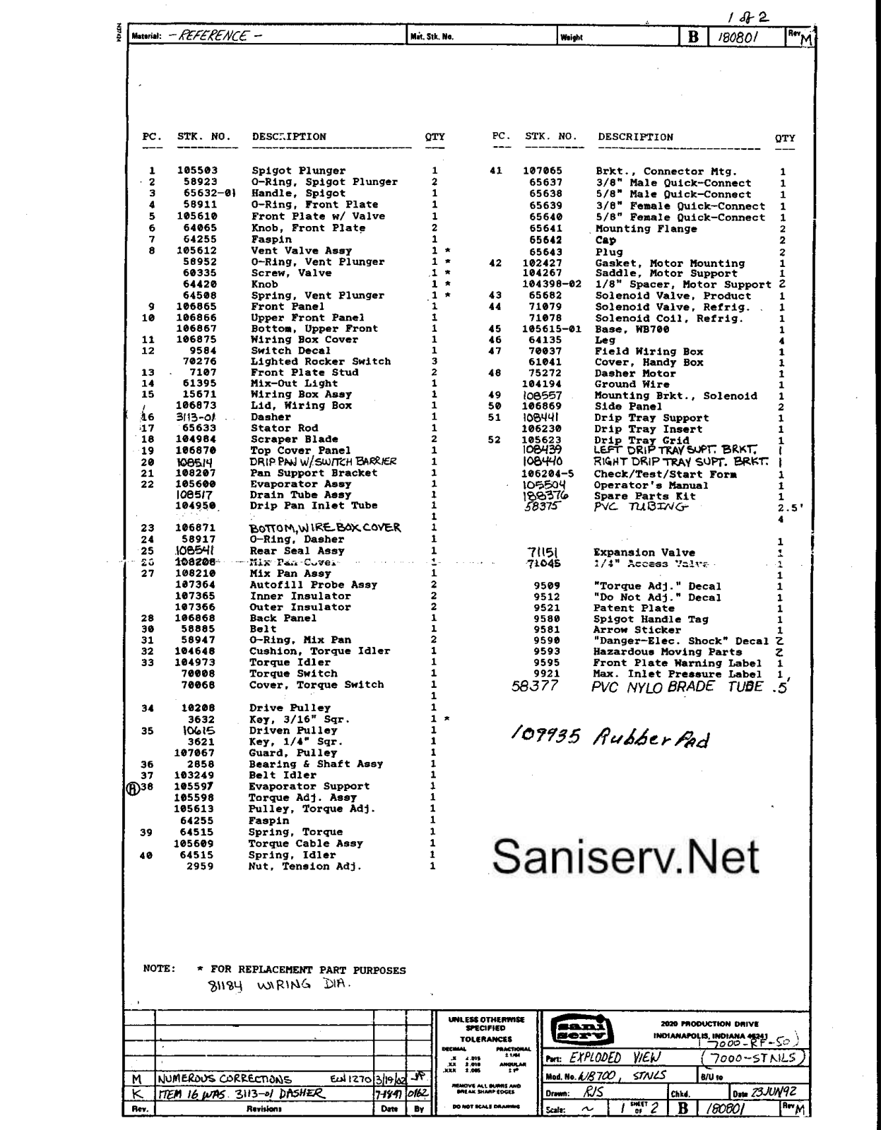 Saniserv WB700 Parts List