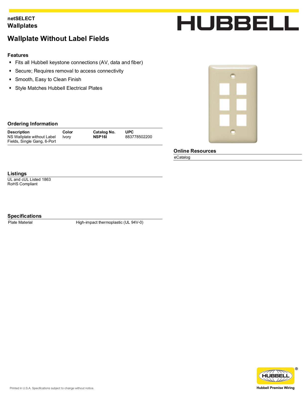 Hubbell NSP16I Specifications