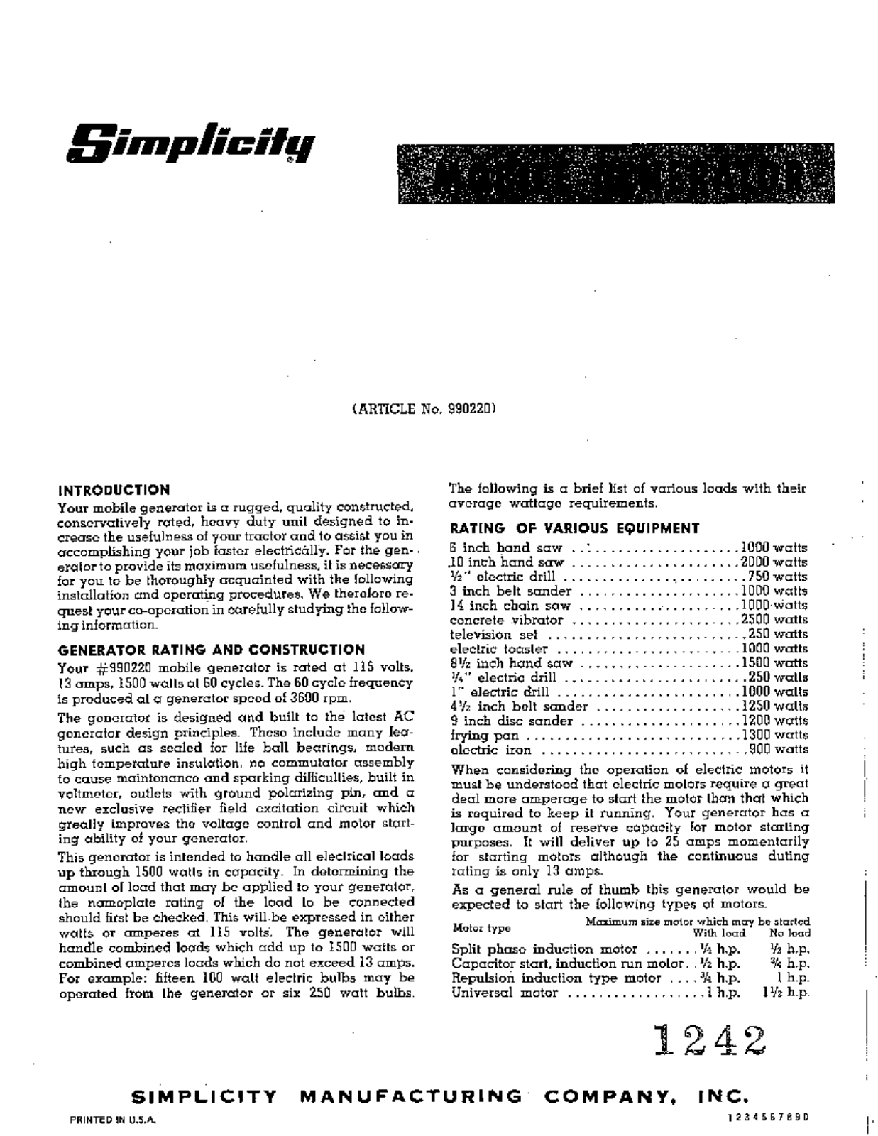 Simplicity 990220 User Manual