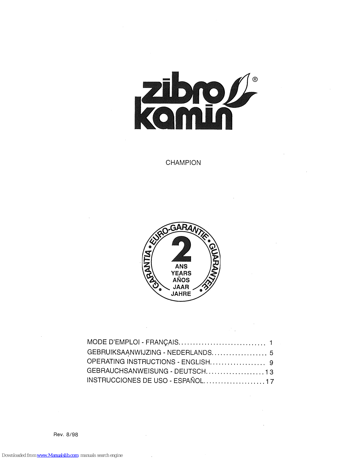 Zibro Kamin Champion Operating Instructions Manual