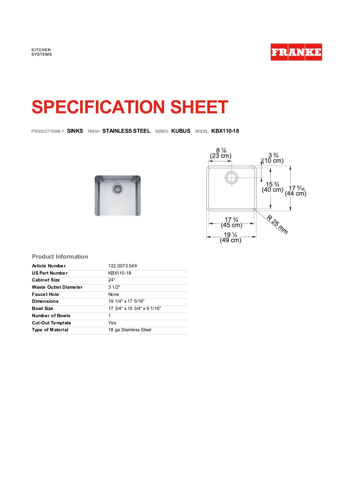 Franke Foodservice KBX110-18 User Manual