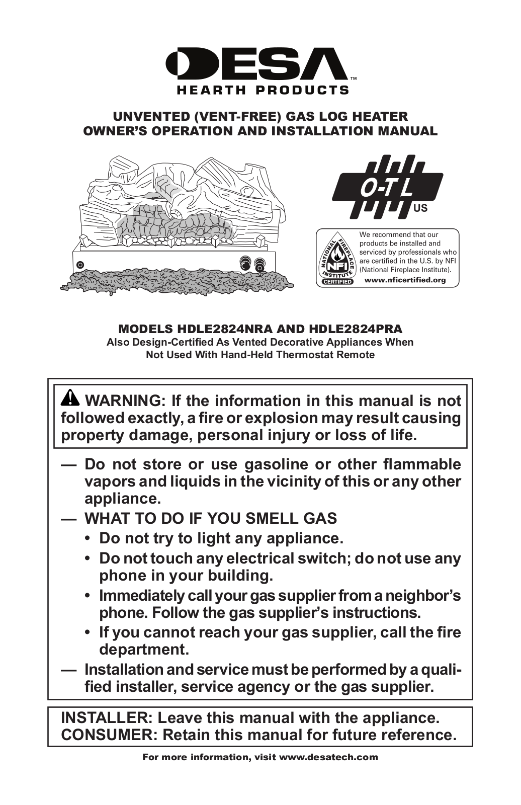 Desa HDLE2824NRA, HDLE2824PRA, HDLE2824NR, HDLE2824PR Owner's Operation & Installation Manual