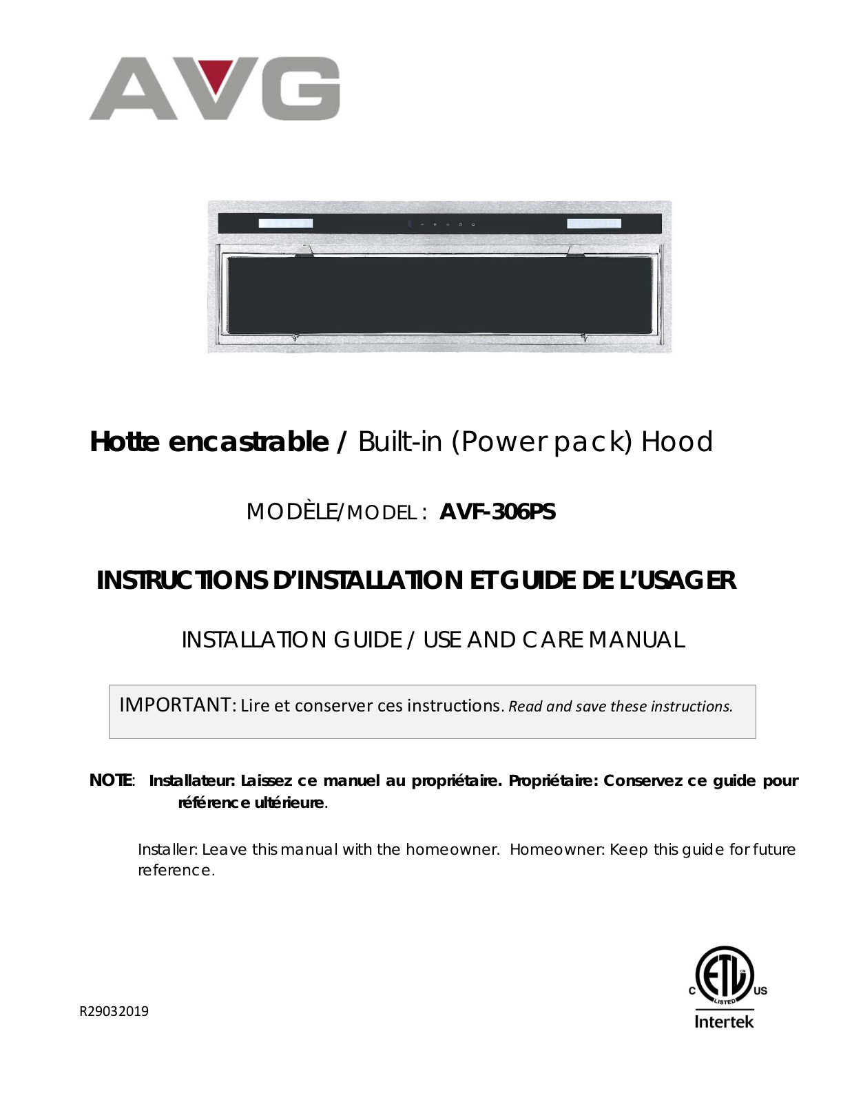 AVG AVF306PS INSTALLATION INSTRUCTIONS AND OPERATION MANUAL