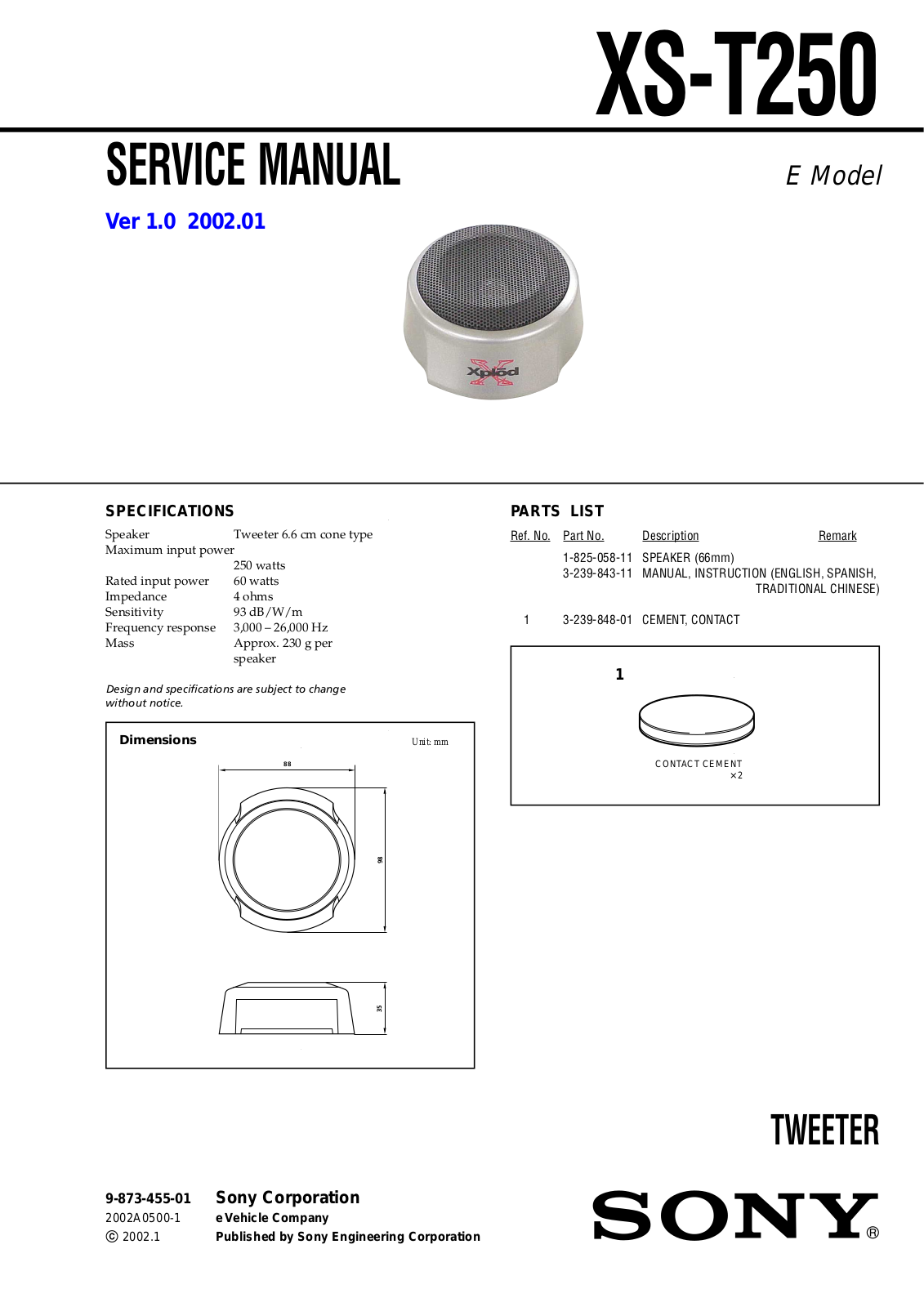 Sony XS T250 Service Manual