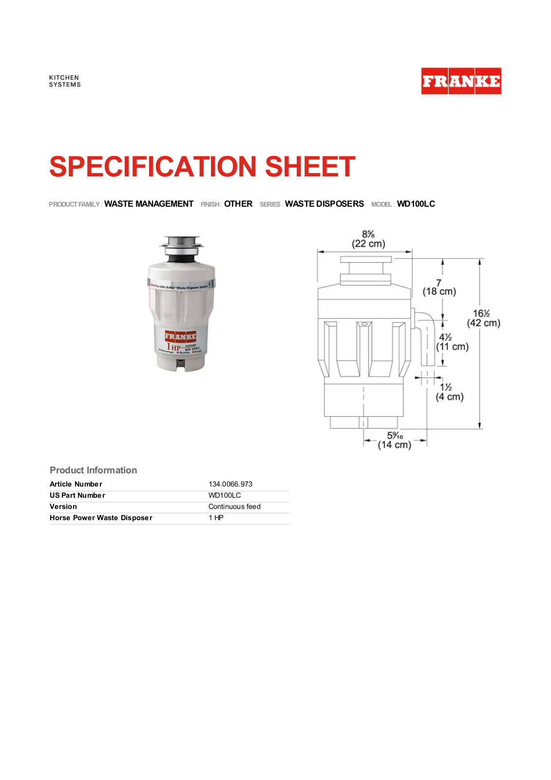 Franke Foodservice WD100LC User Manual