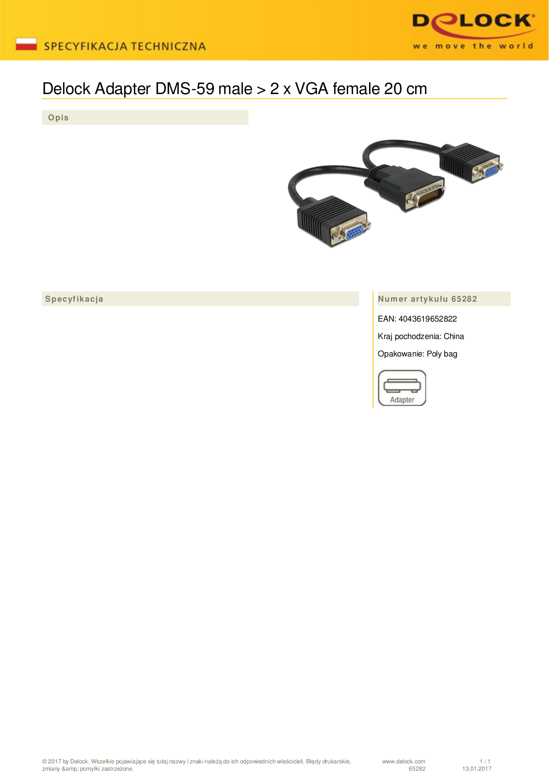 DeLOCK DMS-59 adapters, DMS-59 connectors on 2x VGA socket User Manual