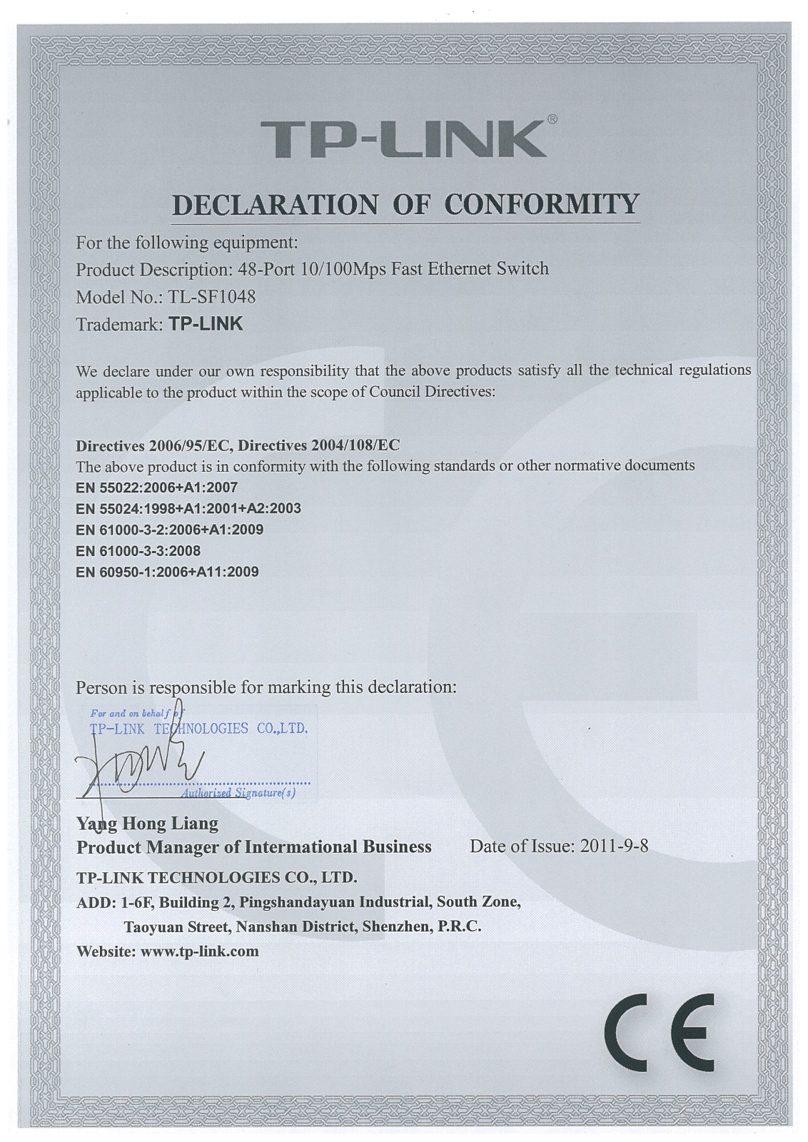 TP-Link TL-SF1048 Declaration of Conformity