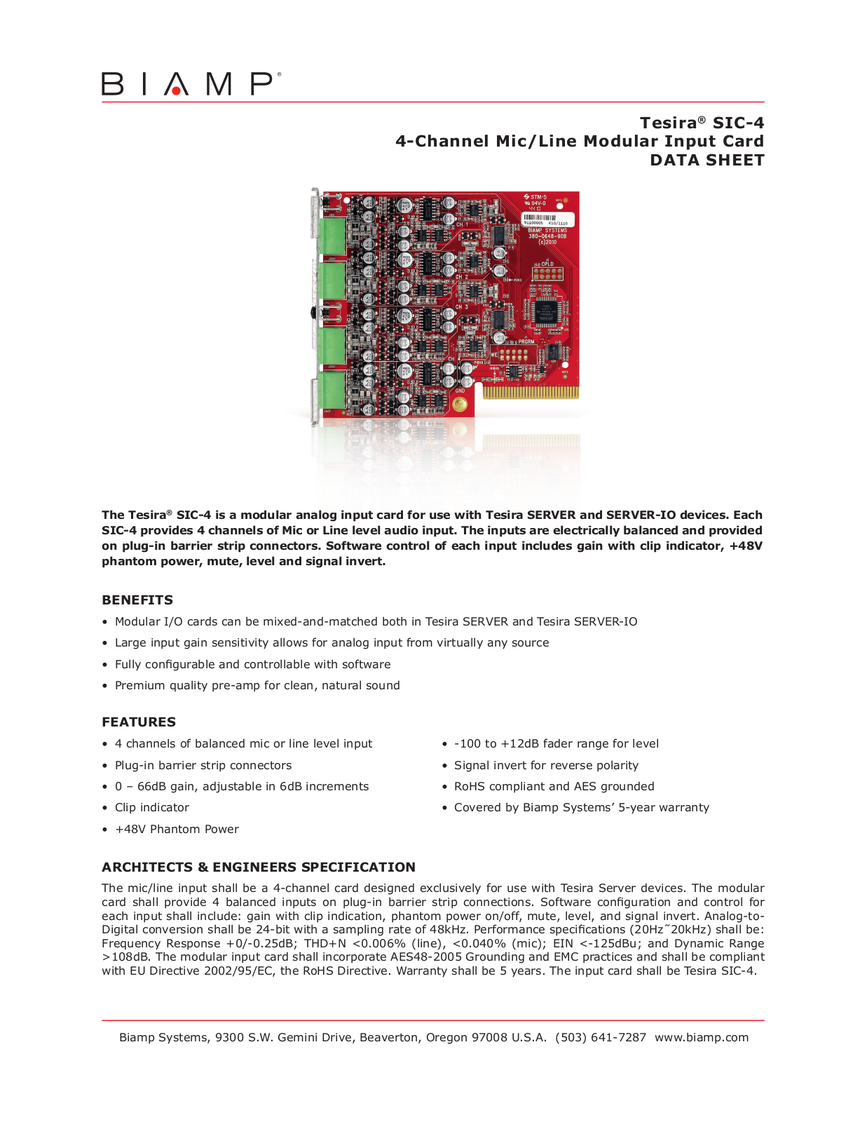 Biamp TESIRA SIC-4 DATASHEET