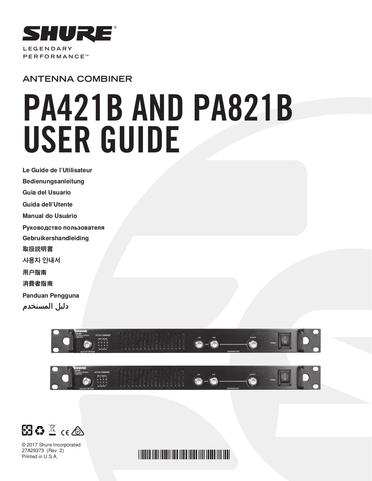 Shure orporated PA421B, PA821BX, PA821B, PA421BX Users manual