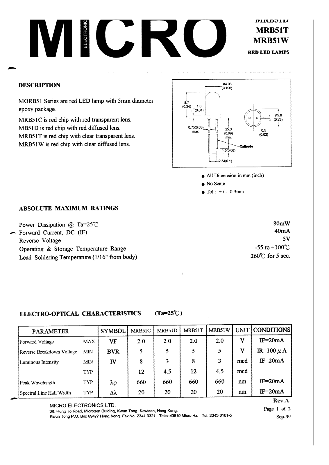 MICRO MRB51W, MRB51C, MRB51D, MRB51T Datasheet