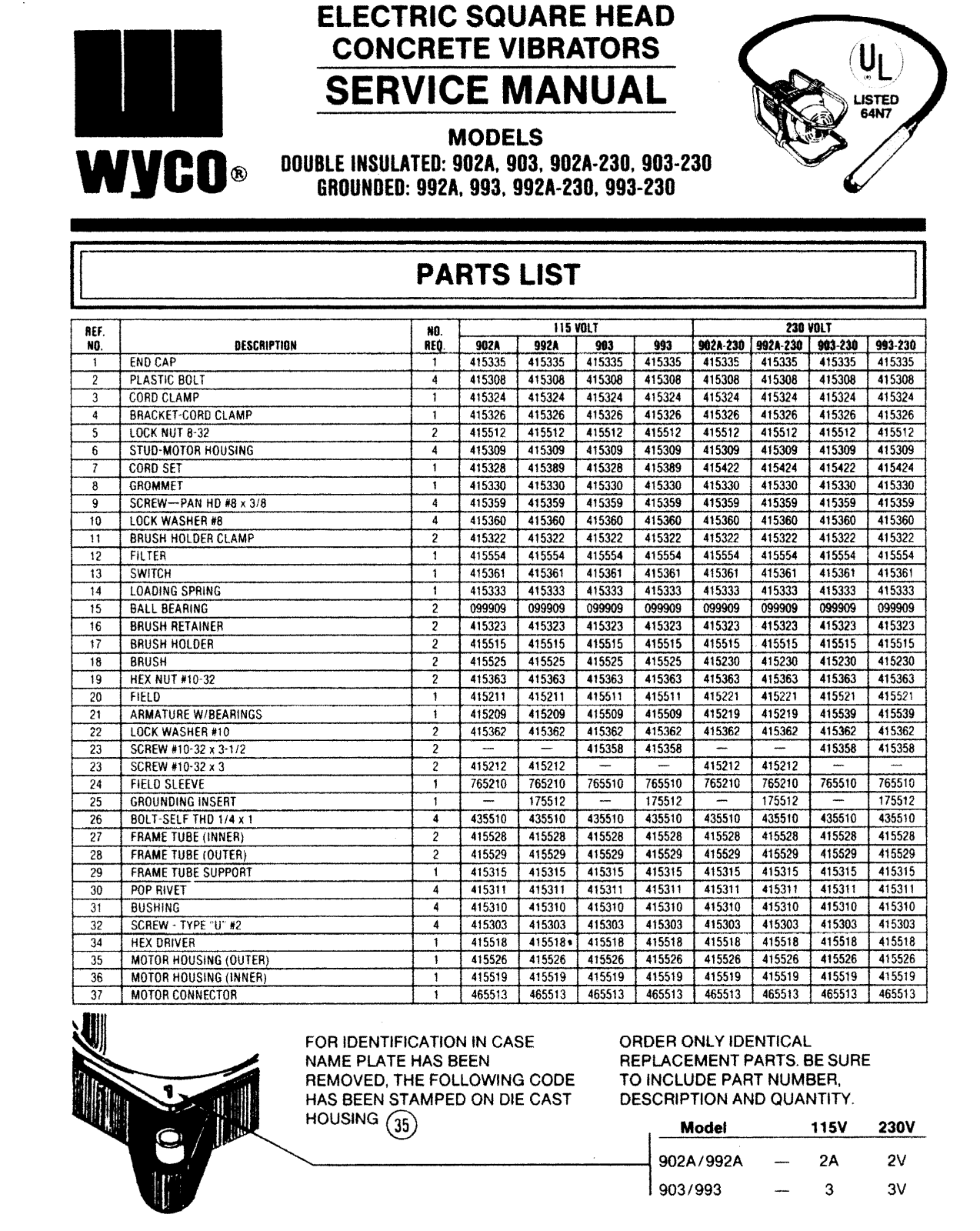 Wyco 902A, 903, 902A-230, 903-230, 992A Service manual