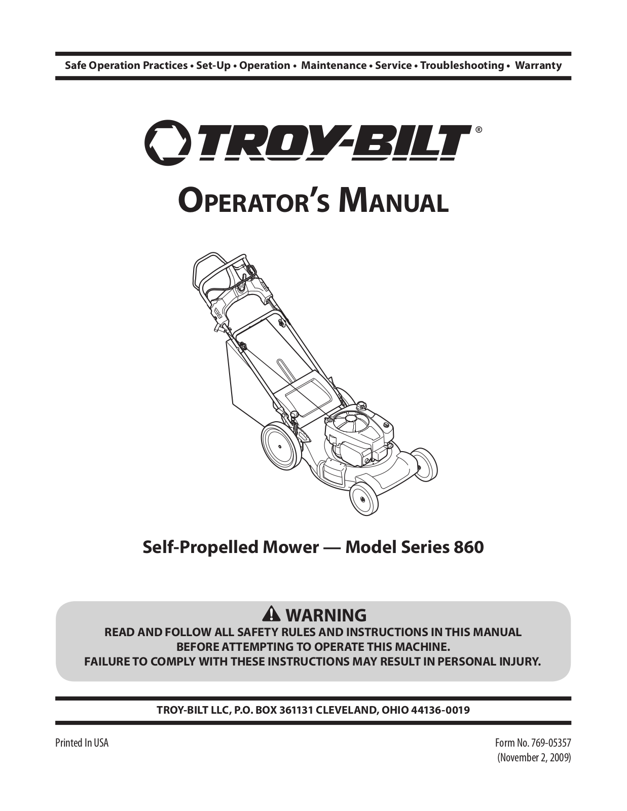 Troy-Bilt Series 860 Operator's Manual