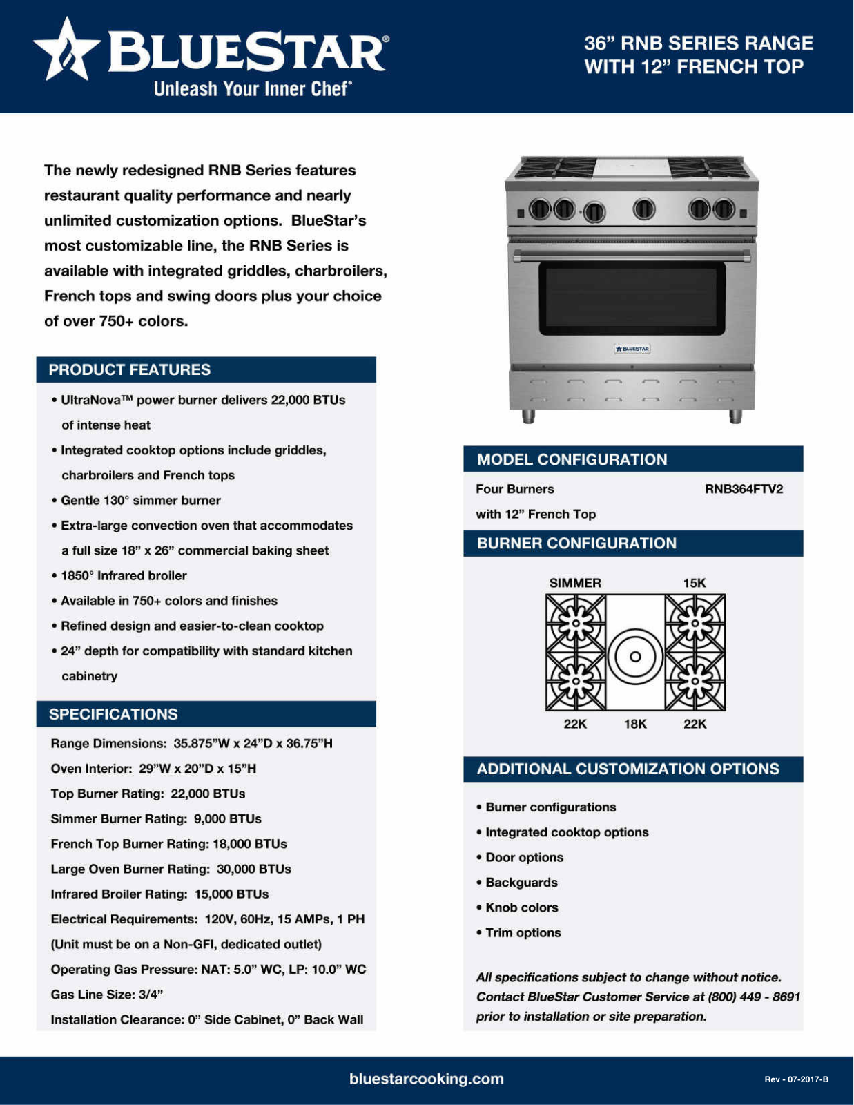 Bluestar RNB364FTV2L Specsheet