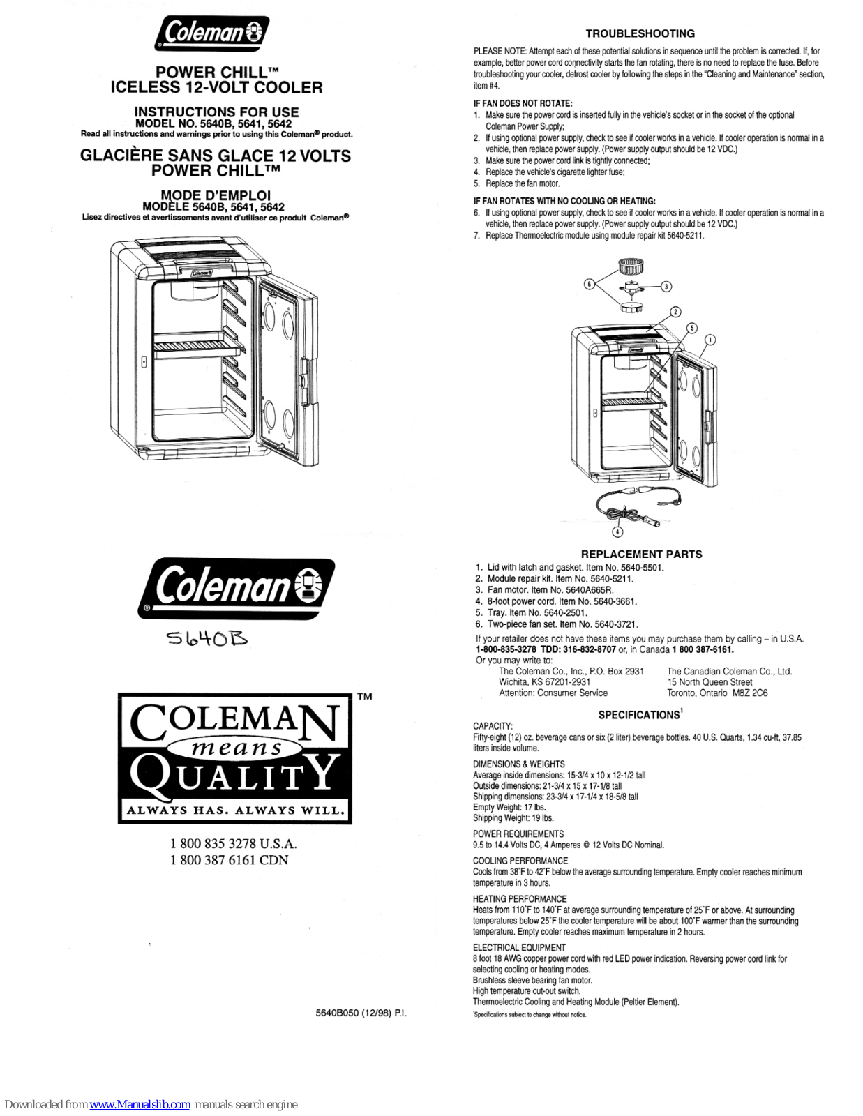 Coleman 5640B814G, 370, Power Chill 5640B, Power Chill 5641, Power Chill 5642 Instructions For Use Manual